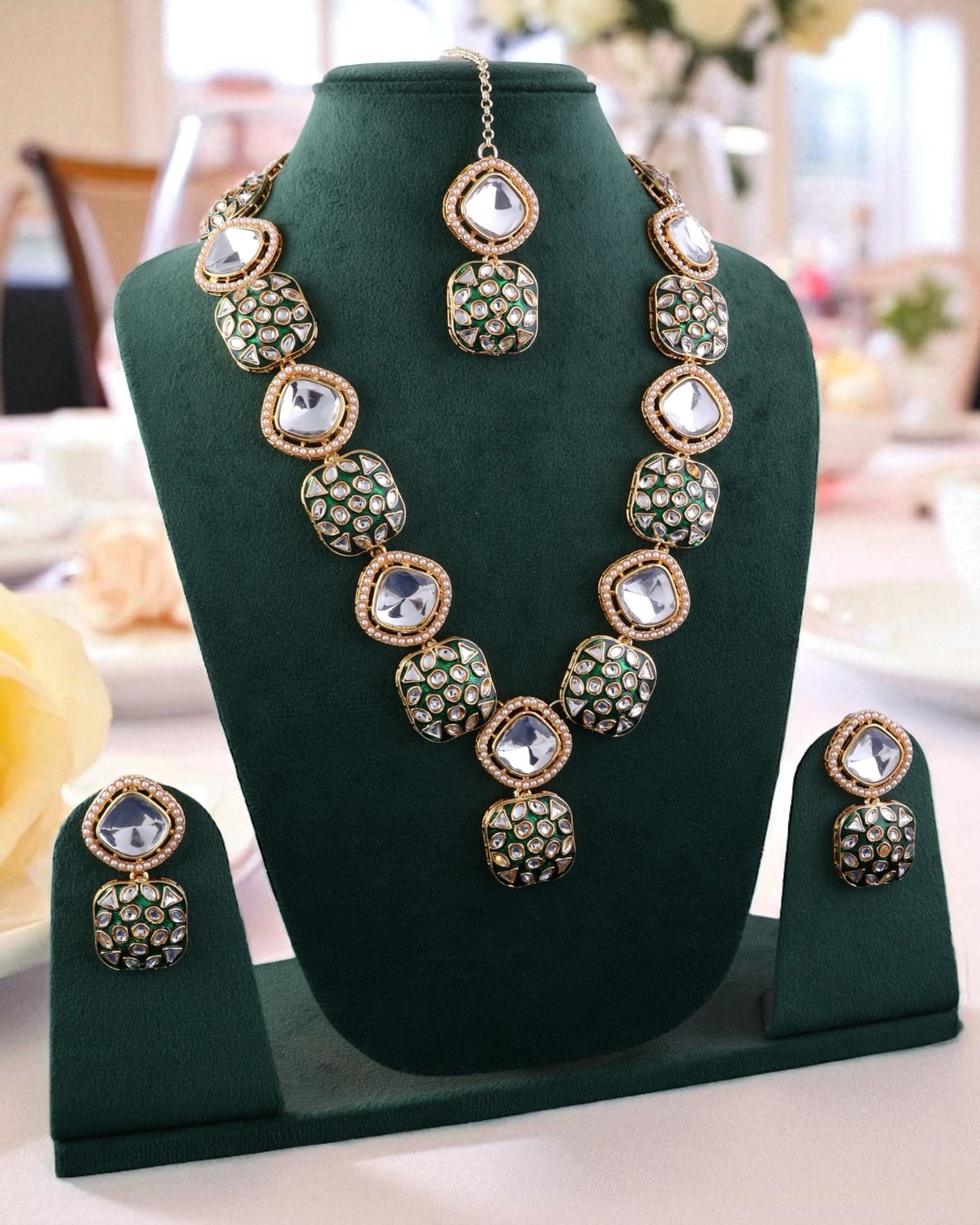 Green Harleen Meenakari Long Necklace Set with Teeka and Earring