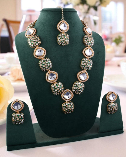 Green Harleen Meenakari Long Necklace Set with Teeka and Earring