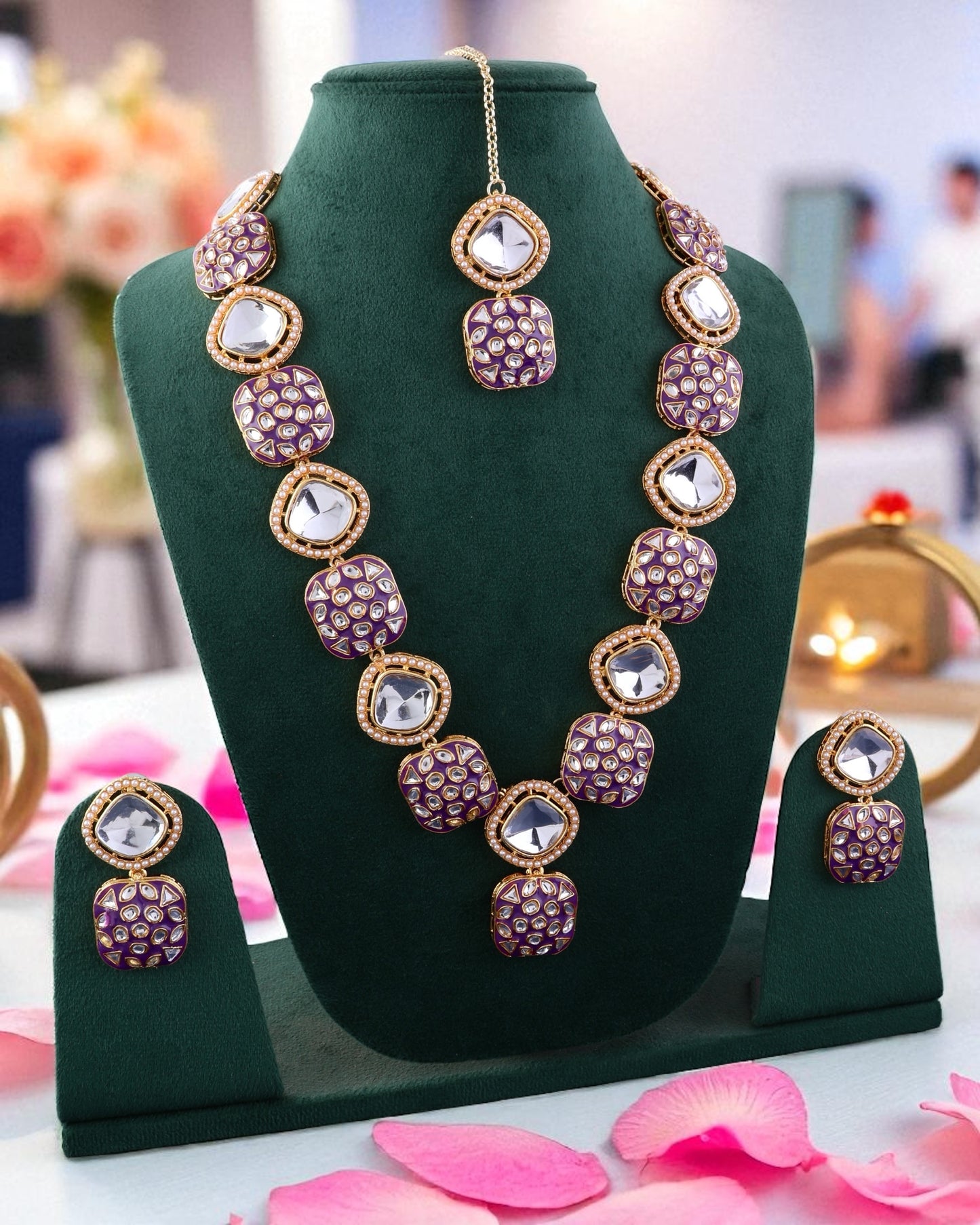 Purple Harleen Meenakari Long Necklace Set with Teeka and Earring