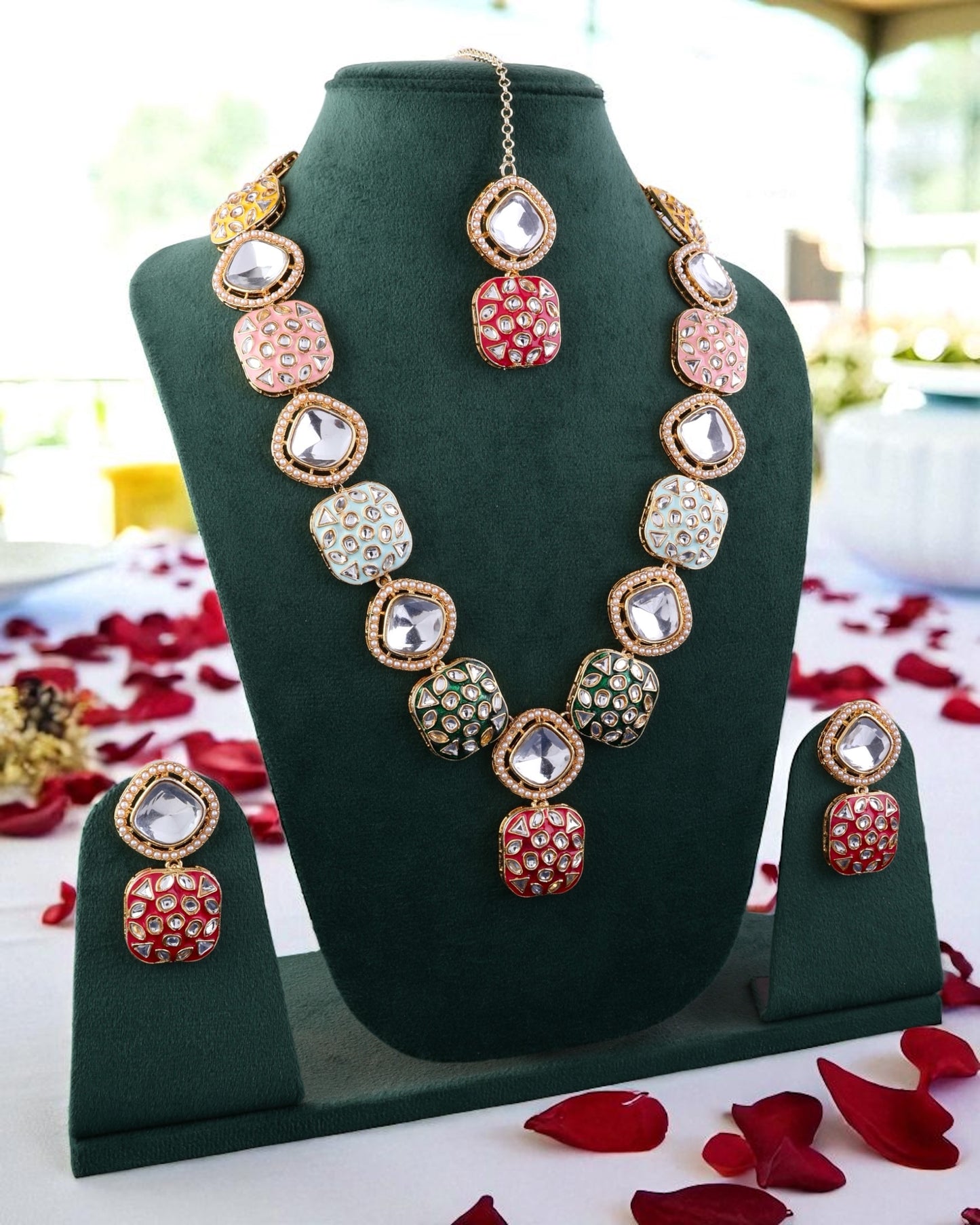 Multi Harleen Meenakari Long Necklace Set with Teeka and Earring