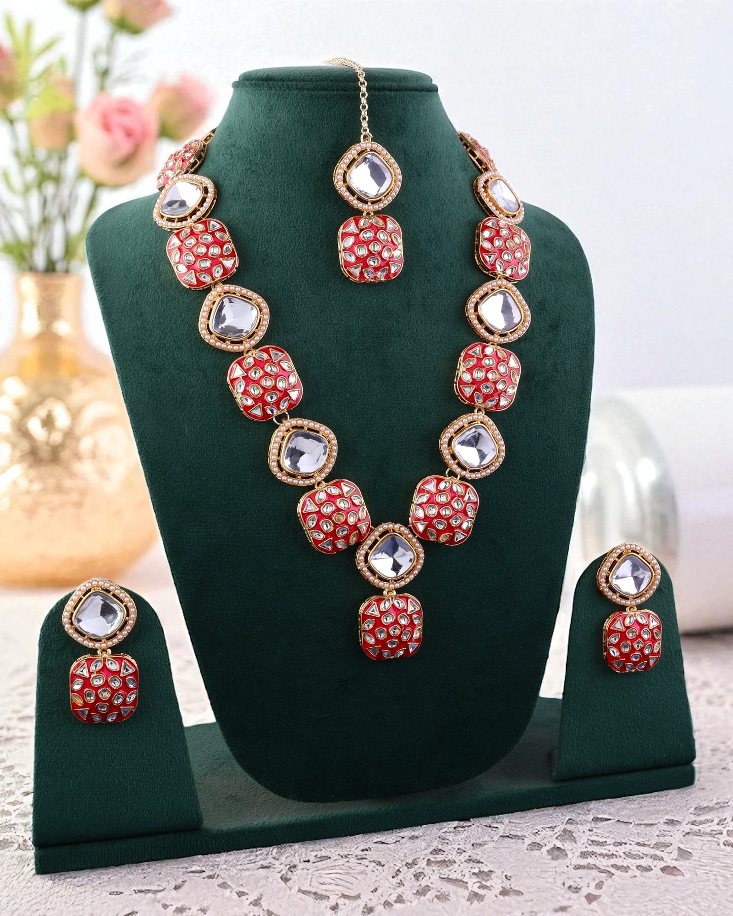Pink Harleen Meenakari Long Necklace Set with Teeka and Earring