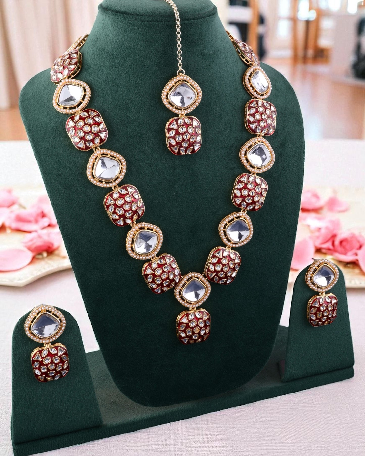 Maroon Harleen Meenakari Long Necklace Set with Teeka and Earring