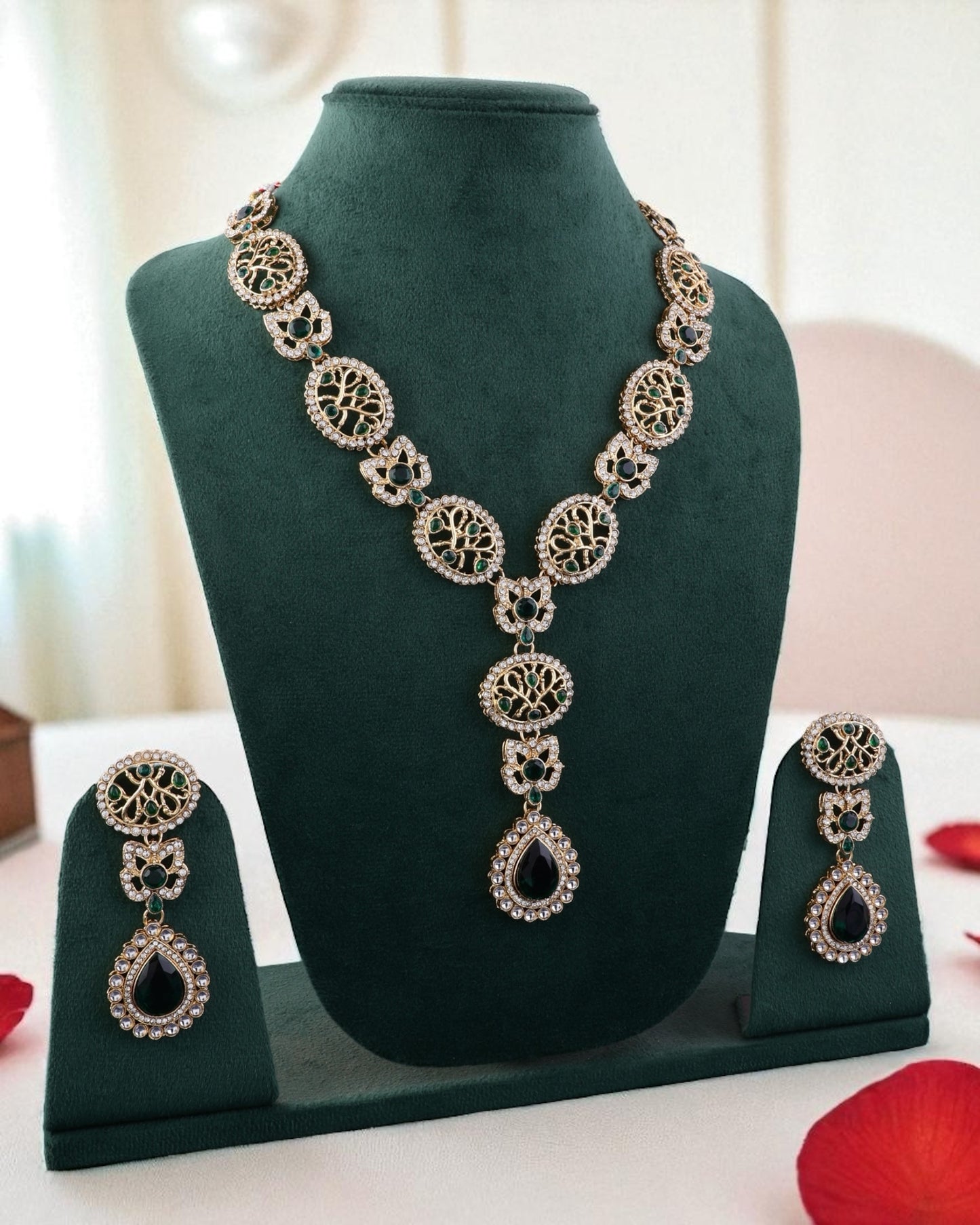 Green Zivah Long Necklace Set with Earring and Teeka