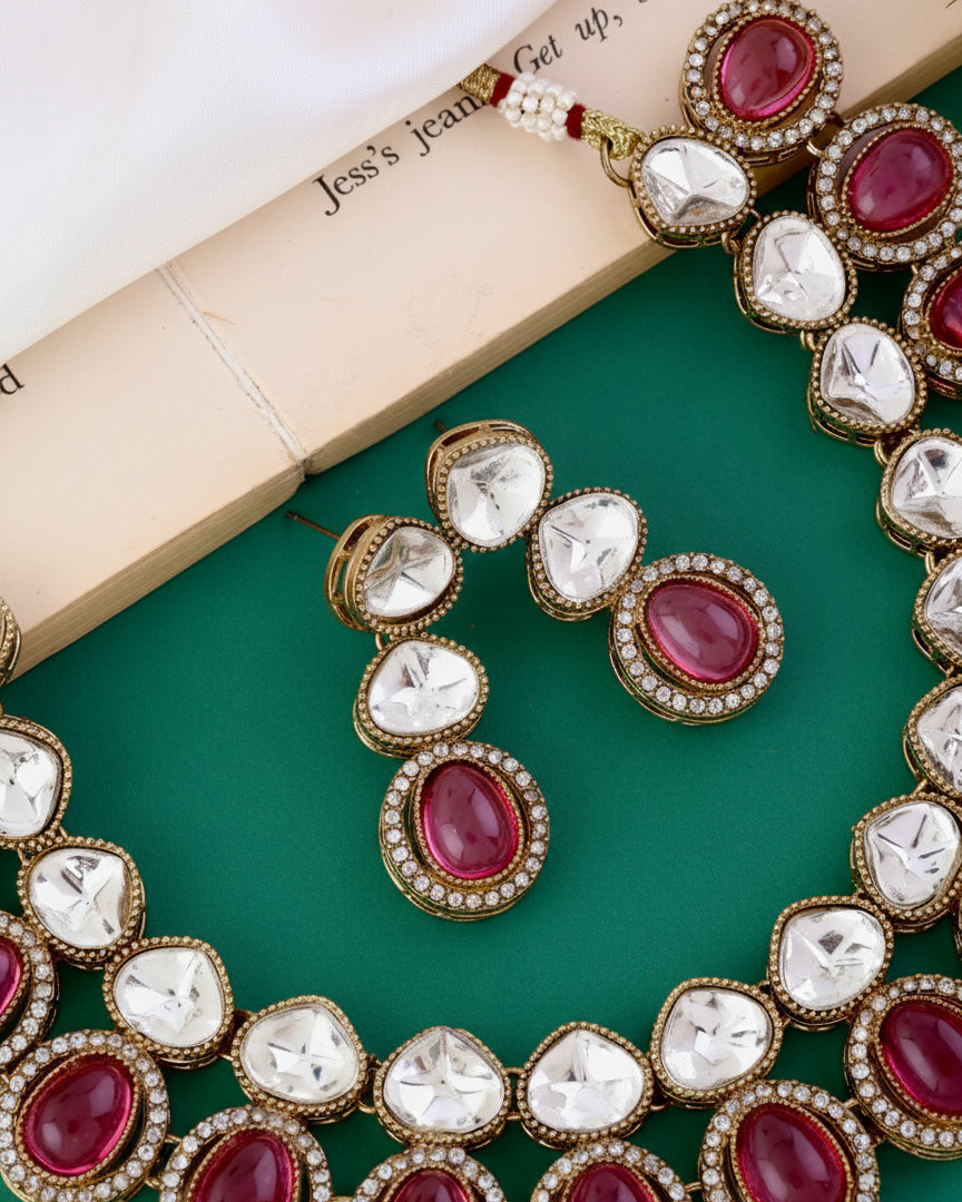Pink Arshiya Premium Polki Dupe Necklace with Earring and Teeka