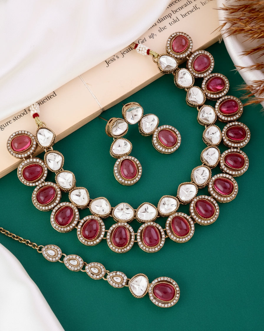 Pink Arshiya Premium Polki Dupe Necklace with Earring and Teeka