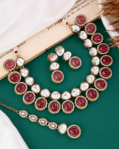 Pink Arshiya Premium Polki Dupe Necklace with Earring and Teeka