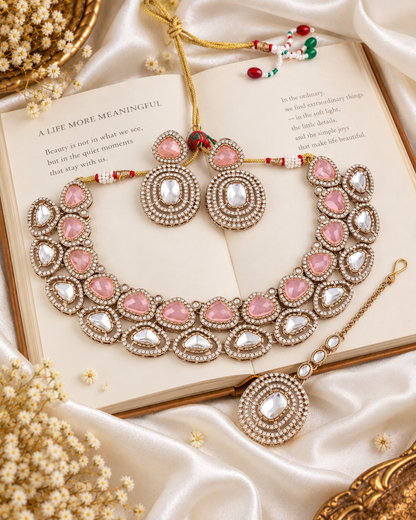 Blush Rajnivanshi Premium Polki Dupe Necklace with Earring and Teeka