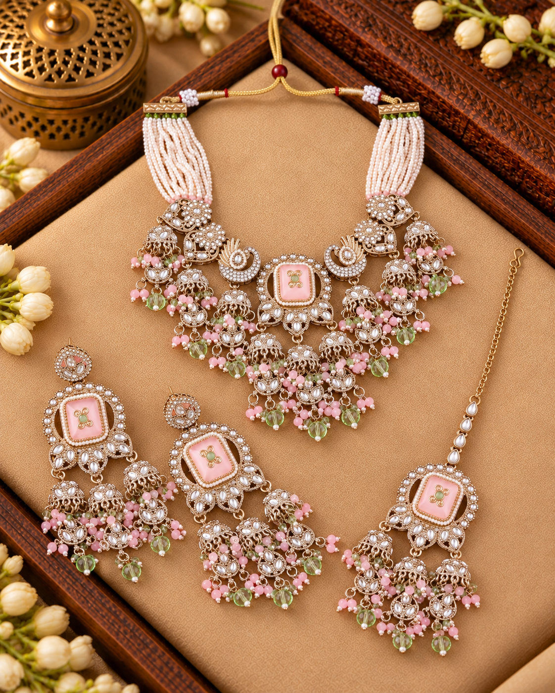 Blush Pastel Ruhisha Premium Sabya Inspired Monalisa Necklace Set with Earring & Teeka