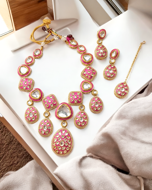 Pink Kuvar Premium Meenakari Dabi Kundan Necklace Set with Earring and Teeka