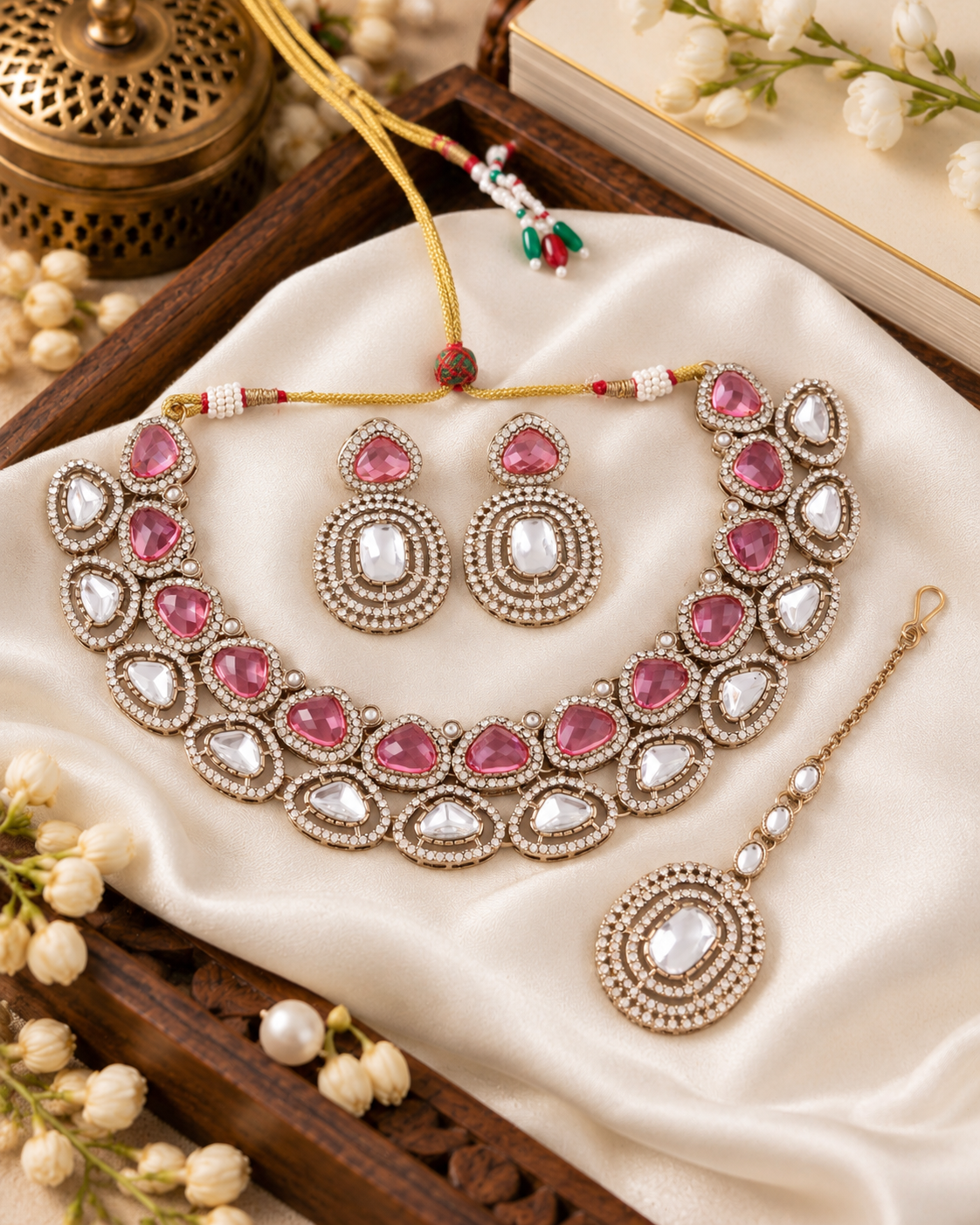Pink Rajnivanshi Premium Polki Dupe Necklace with Earring and Teeka
