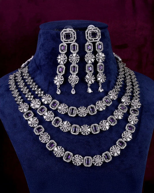 Purple Salina 3 Layer American Diamond Necklace Set