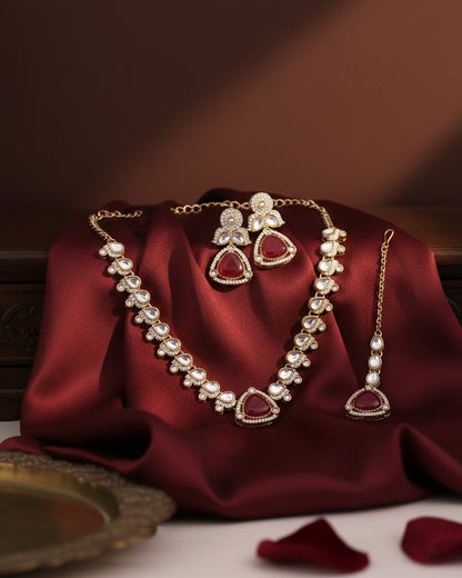 Ruby Adhvika Designer Monalisa and Zircone Necklace Set with Earring & Teeka