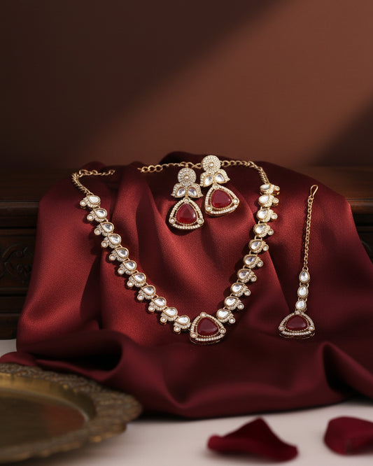 Ruby Adhvika Designer Monalisa and Zircone Necklace Set with Earring & Teeka