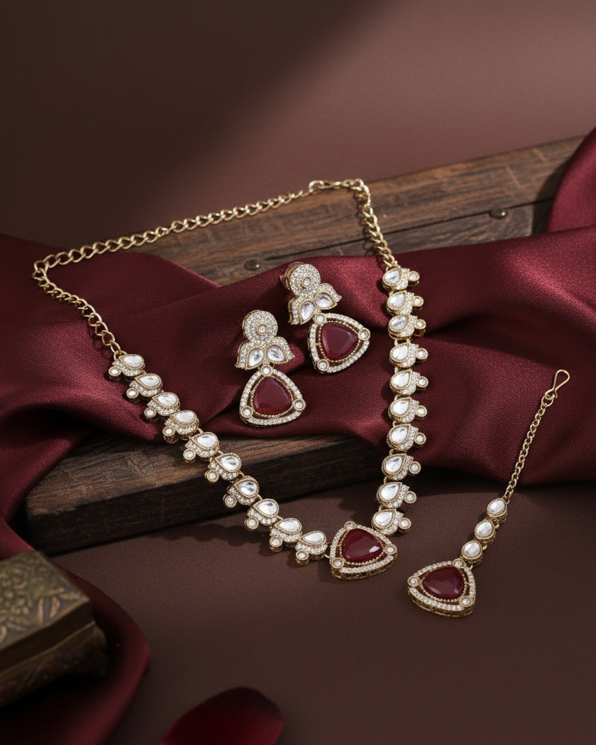 Ruby Adhvika Designer Monalisa and Zircone Necklace Set with Earring & Teeka