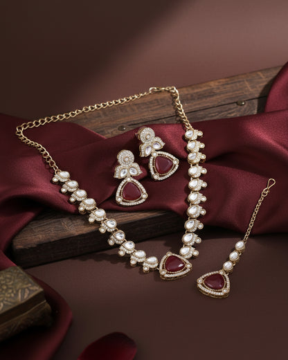 Ruby Adhvika Designer Monalisa and Zircone Necklace Set with Earring & Teeka