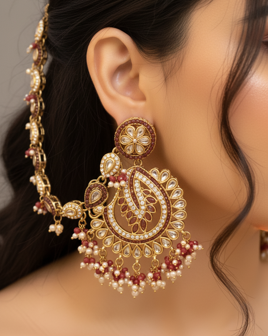 Red Arajashree Bahubali Chandbali with Sahara