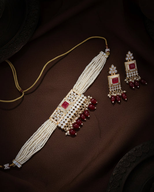 Red Swapan Choker Necklace & Earring Set