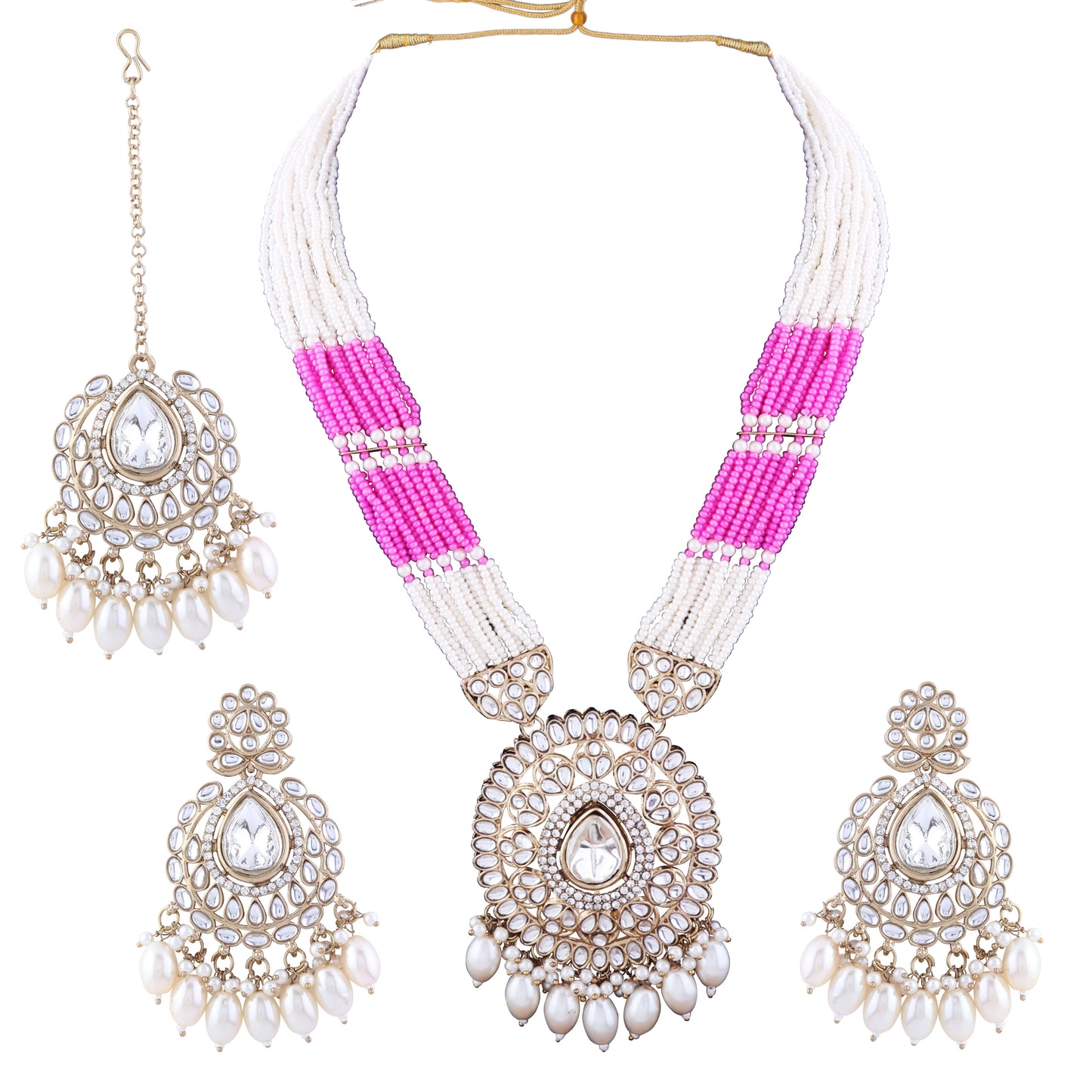 Pink Harnoor Premium Long Necklace with Earring and Mangteeka