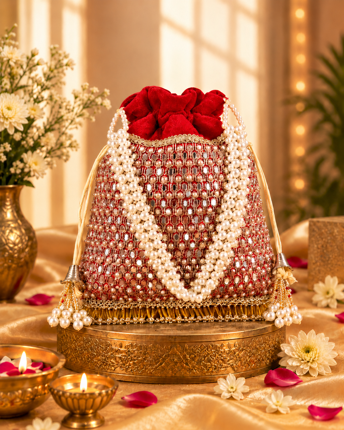 Red Aarshita Ethnic Mirror Pearl Batua Bag