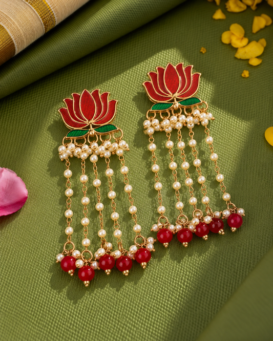 Red Vihara Lotus Meenakari Earring