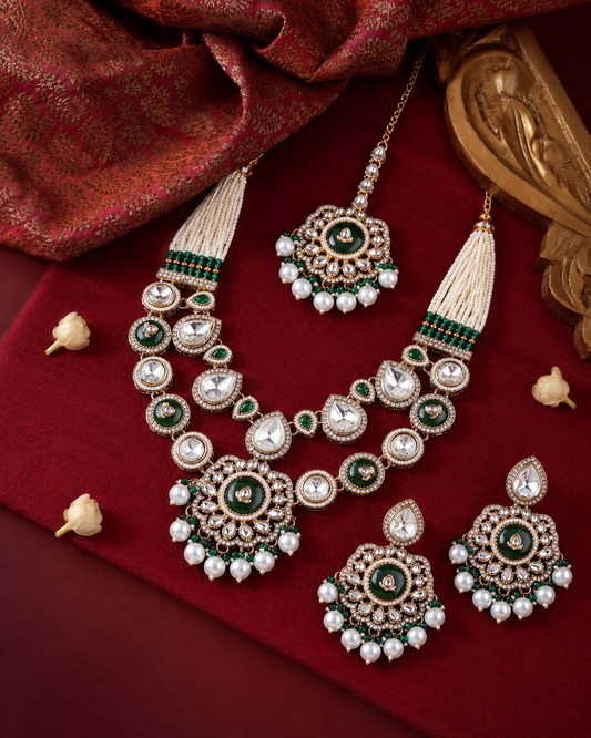 Green Aaralika Premium Sabya Inspired Monalisa Necklace Set with Earring & Teeka