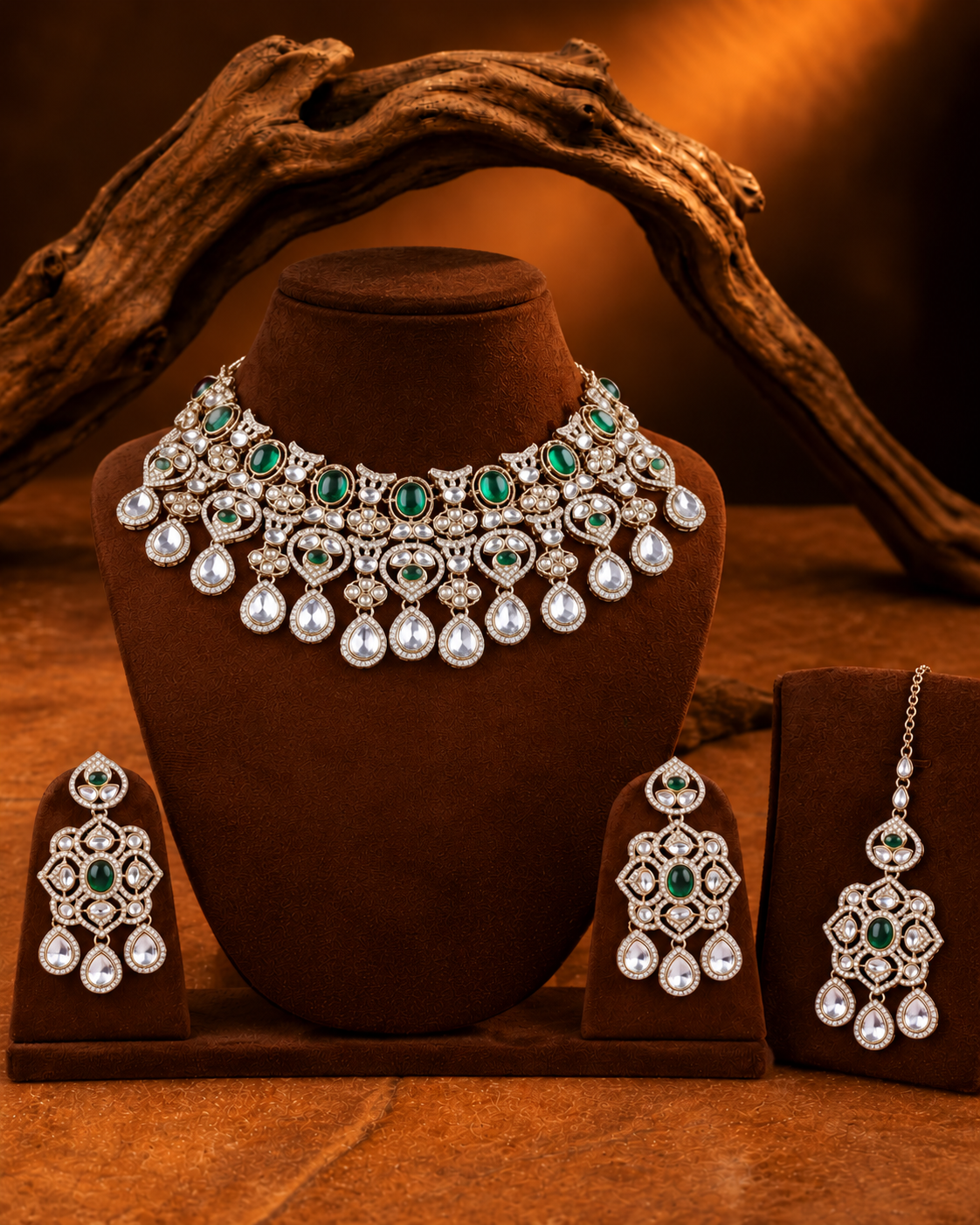 Green Kashmira Kundan Zircone Necklace With Teeka & Earring