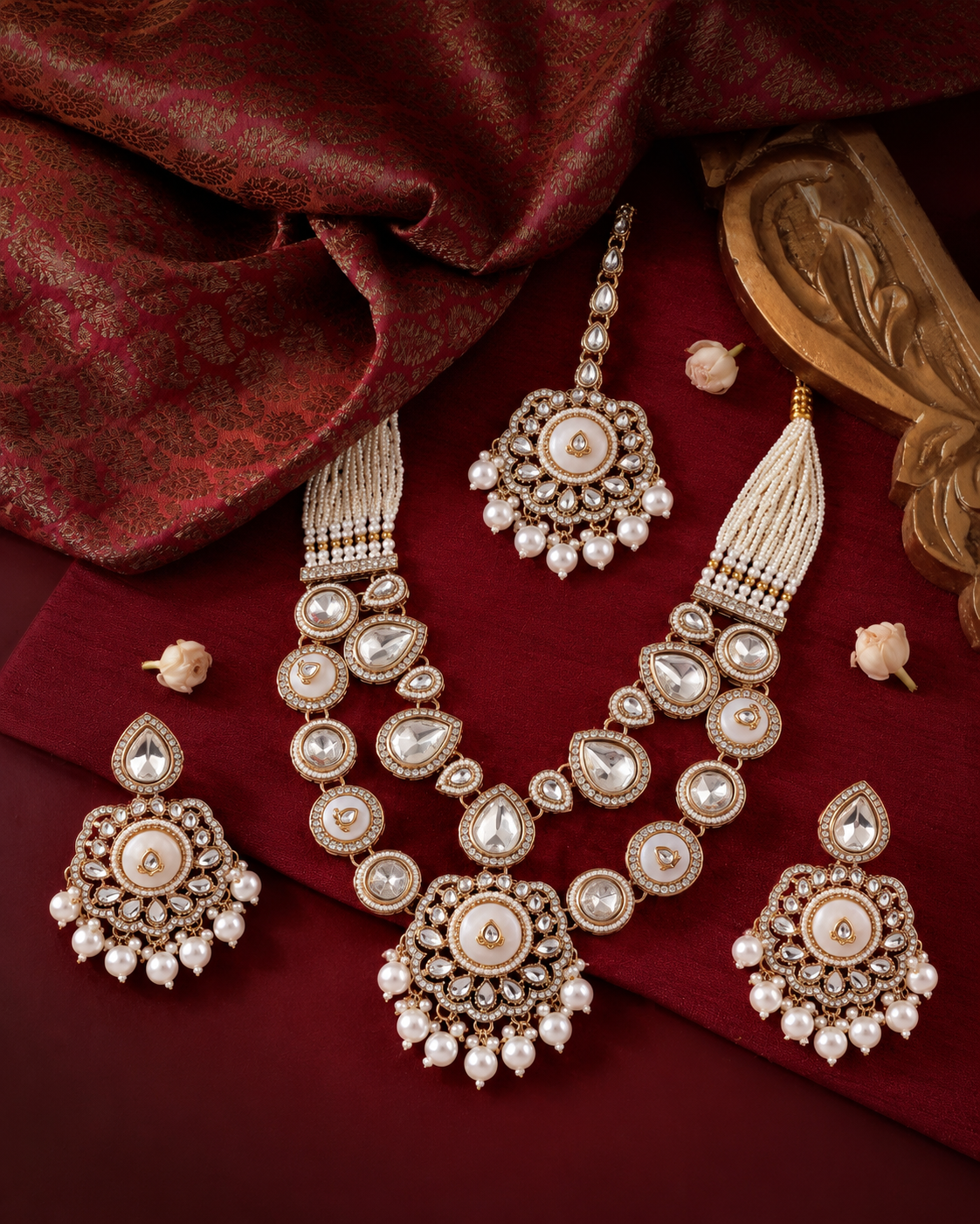 Ivory Aaralika Premium Sabya Inspired Monalisa Necklace Set with Earring & Teeka