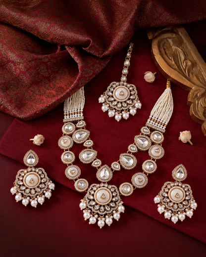 Ivory Aaralika Premium Sabya Inspired Monalisa Necklace Set with Earring & Teeka