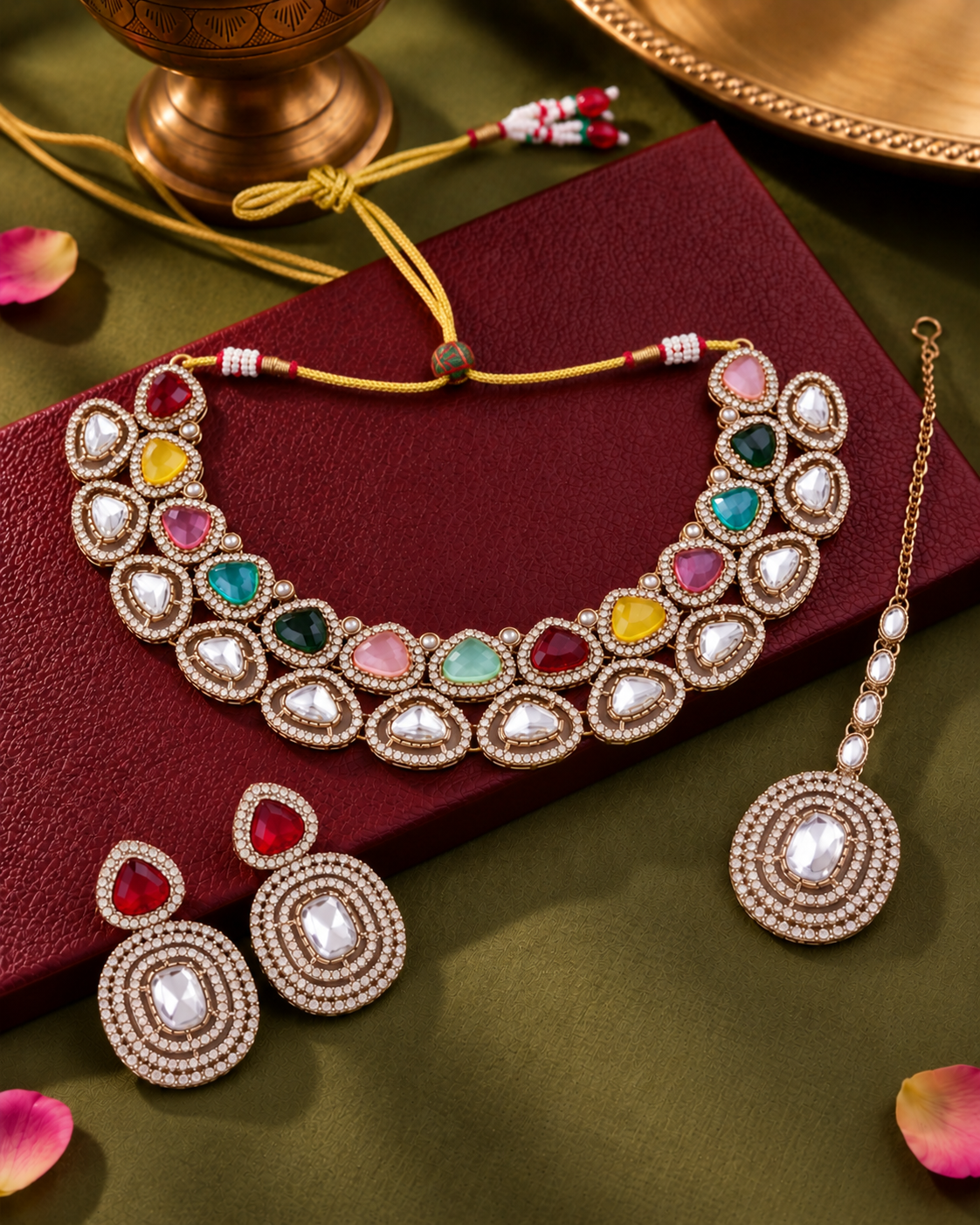 Multi Rajnivanshi Premium Polki Dupe Necklace with Earring and Teeka