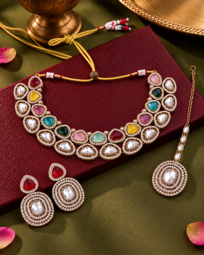 Multi Rajnivanshi Premium Polki Dupe Necklace with Earring and Teeka