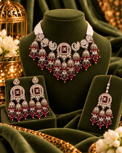 Maroon Ruhisha Premium Sabya Inspired Monalisa Necklace Set with Earring & Teeka