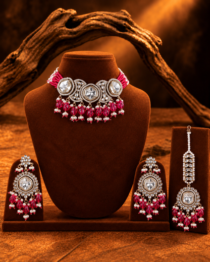 Pink Aaradhika Premium Polki Dupe Choker Necklace With Earring & Teeka