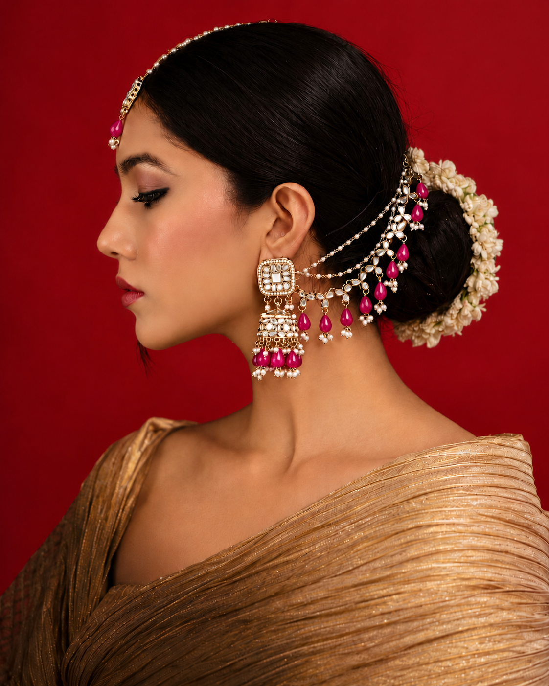 Pink Aayat Mirror Bahubali Jhumka with Statement Kaan Chain and Teeka