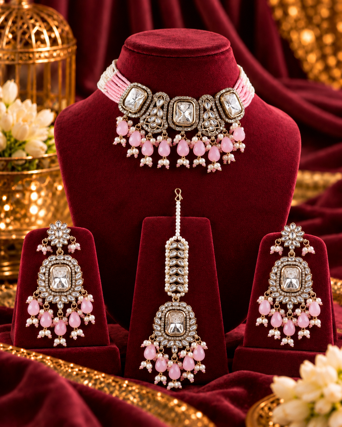 Blush Vrishtika Premium Polki Dupe Choker Necklace With Earring & Teeka