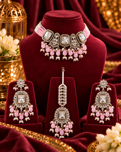 Blush Vrishtika Premium Polki Dupe Choker Necklace With Earring & Teeka