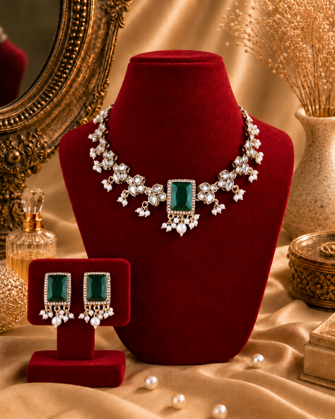 Green Arushika Kundan Necklace Set With Earring and Mangteeka