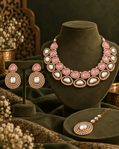 Blush Rajnivanshi Premium Polki Dupe Necklace with Earring and Teeka