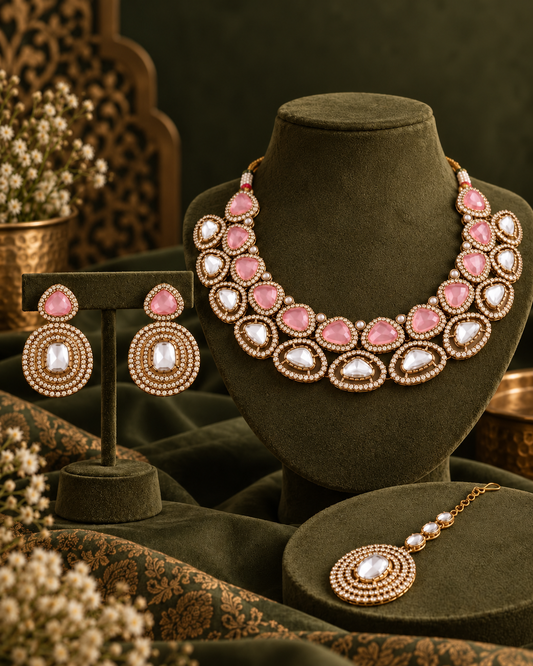 Blush Rajnivanshi Premium Polki Dupe Necklace with Earring and Teeka