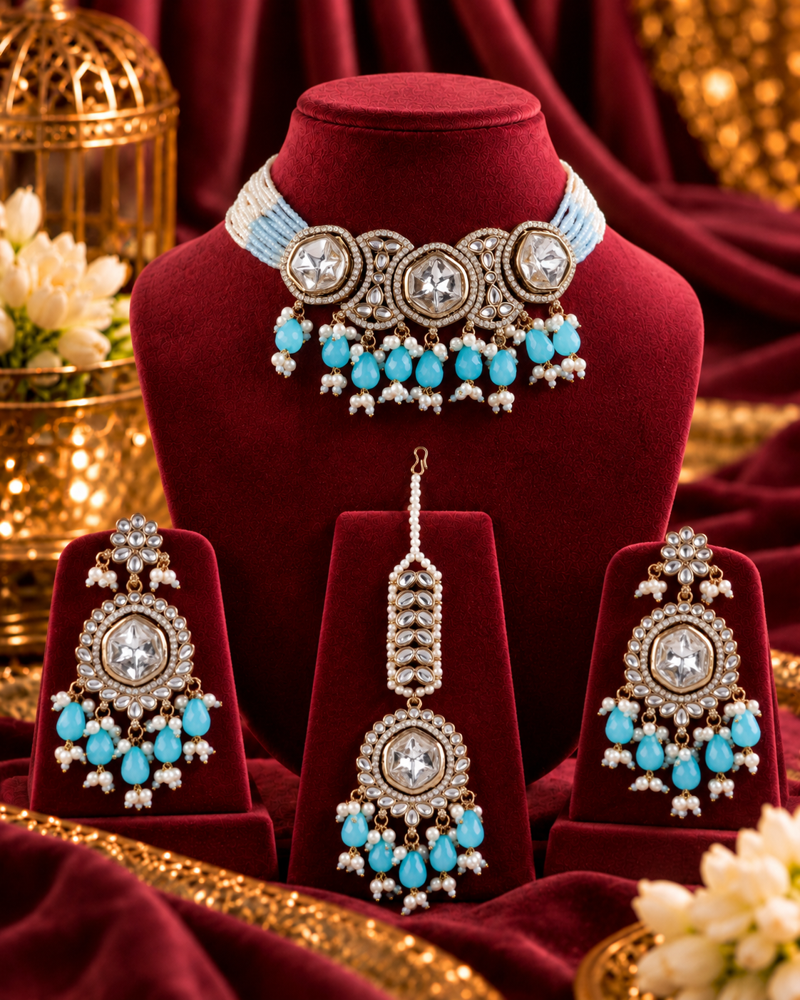 Turquoise Aaradhika Premium Polki Dupe Choker Necklace With Earring & Teeka