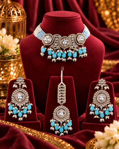 Turquoise Aaradhika Premium Polki Dupe Choker Necklace With Earring & Teeka