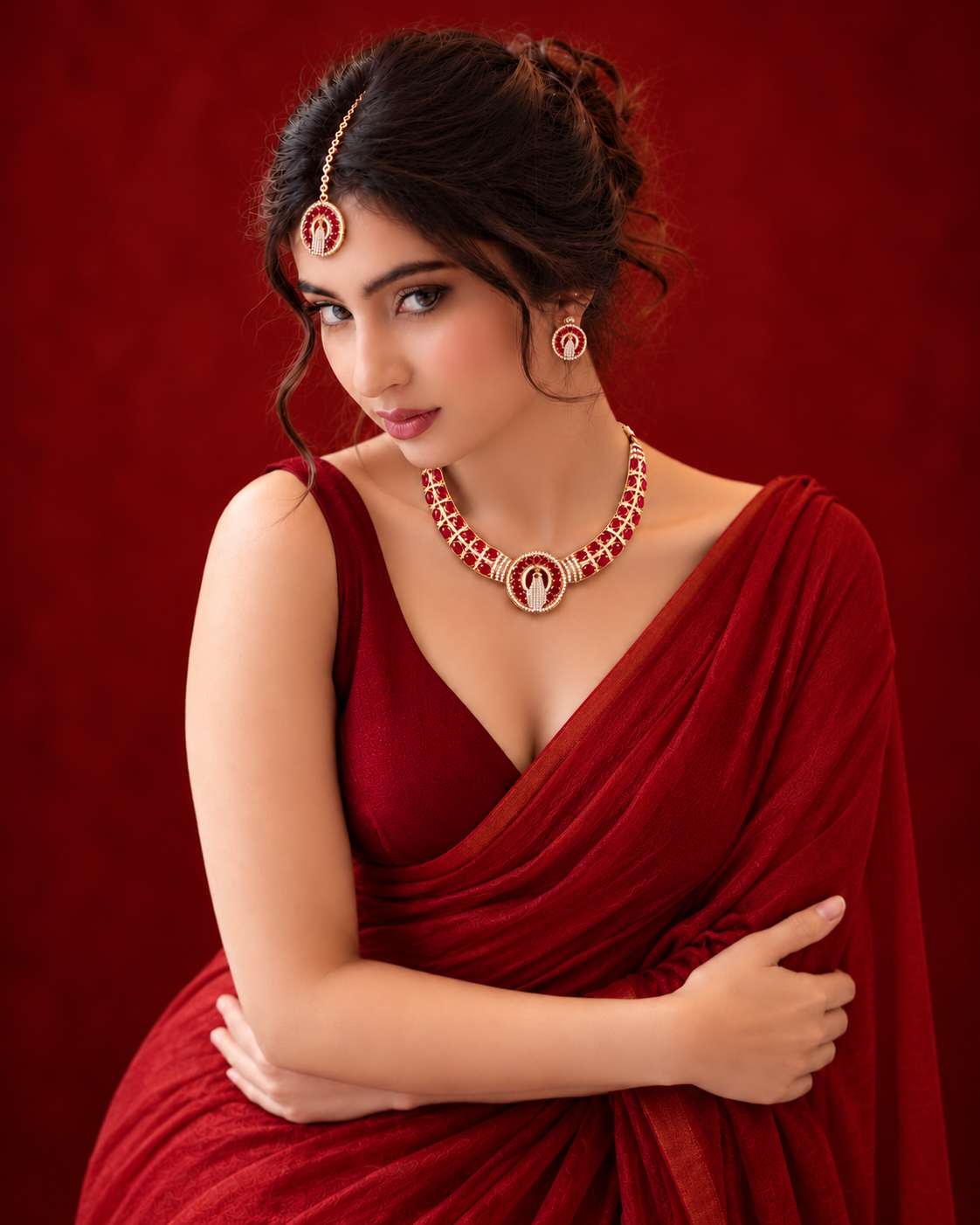 Red Aishwarya Peacock Designer Necklace with Earring and Teeka