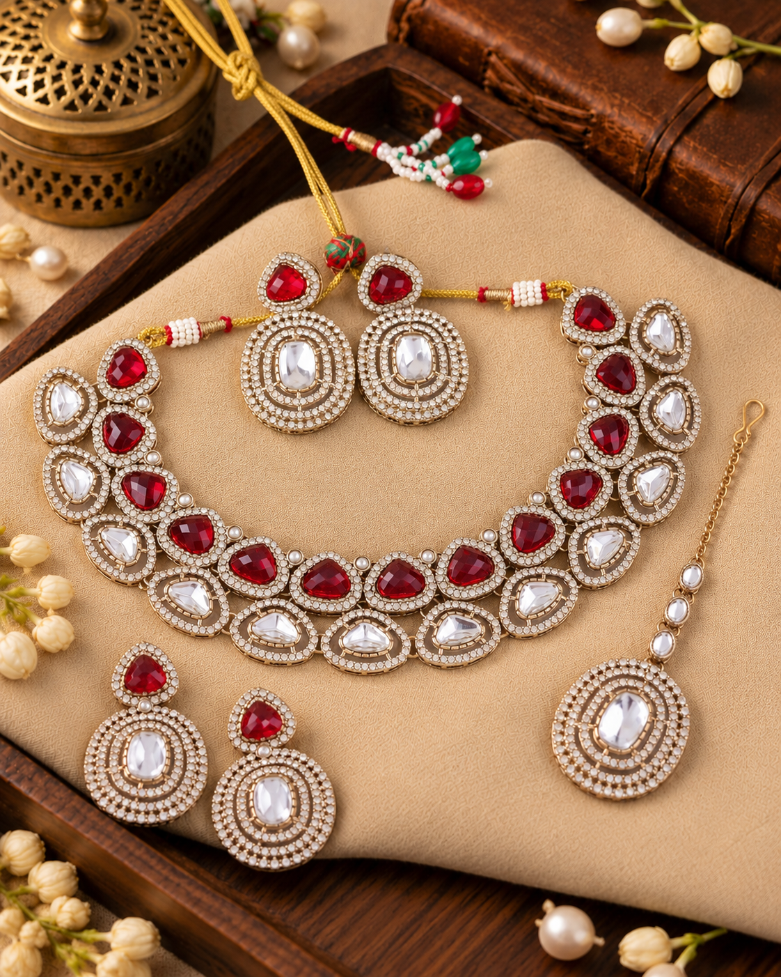 Red Rajnivanshi Premium Polki Dupe Necklace with Earring and Teeka