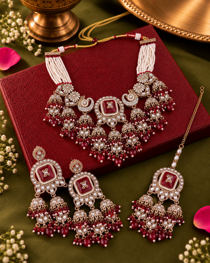 Maroon Ruhisha Premium Sabya Inspired Monalisa Necklace Set with Earring & Teeka