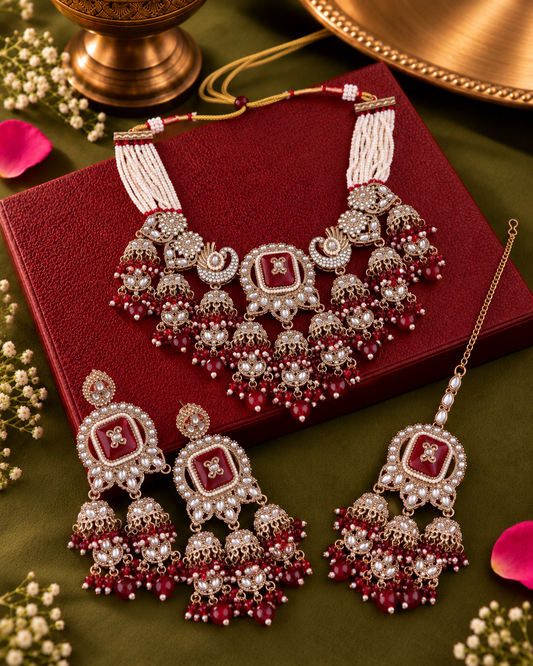 Maroon Ruhisha Premium Sabya Inspired Monalisa Necklace Set with Earring & Teeka