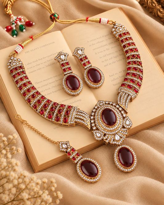 Maroon Saumili Premium Sabya Inspired Necklace Set with Earring & Teeka