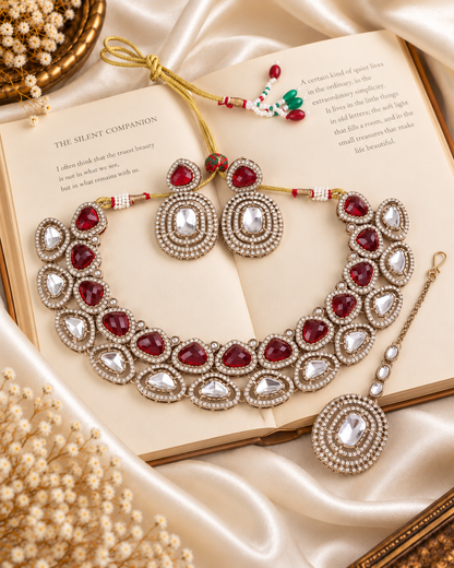 Red Rajnivanshi Premium Polki Dupe Necklace with Earring and Teeka