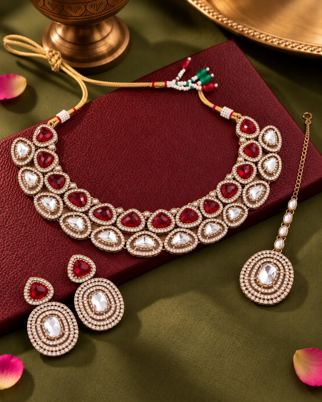 Red Rajnivanshi Premium Polki Dupe Necklace with Earring and Teeka