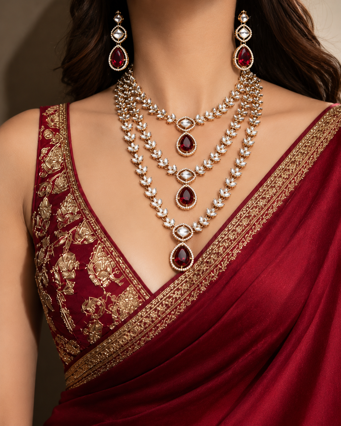 Maroon Nairika Layered Kundan Necklace with Earrings