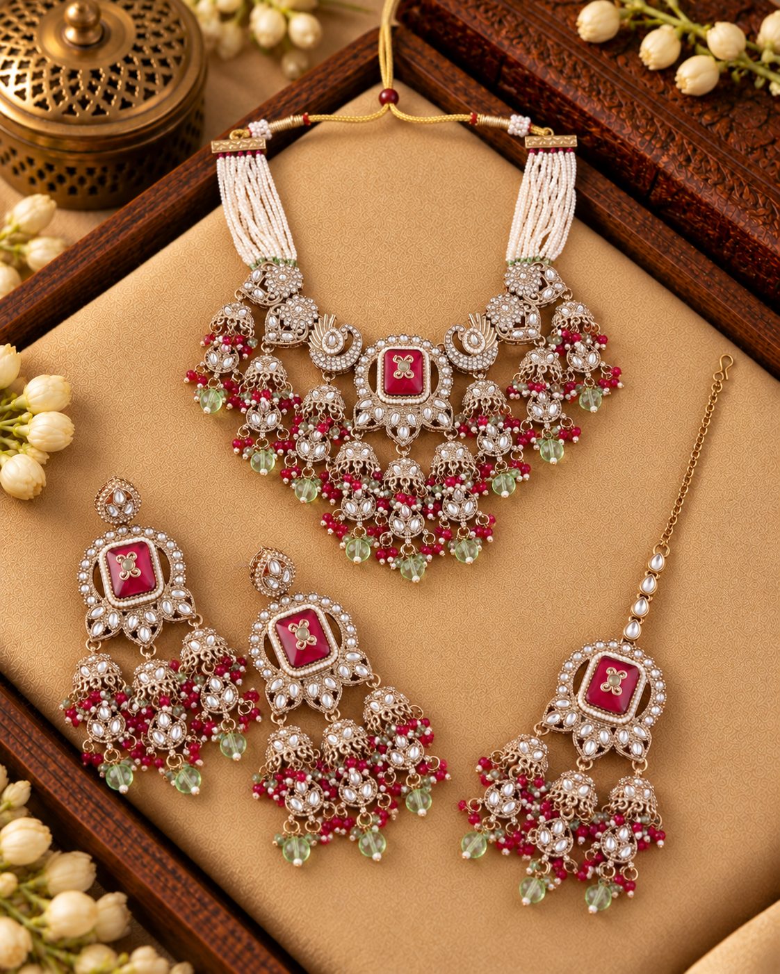 Ruby Mint Ruhisha Premium Sabya Inspired Monalisa Necklace Set with Earring & Teeka