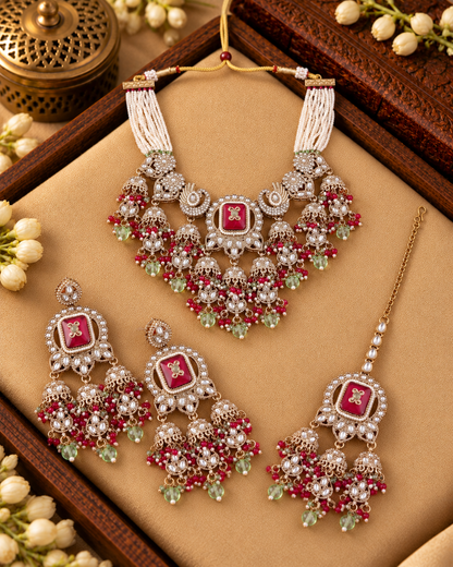 Ruby Mint Ruhisha Premium Sabya Inspired Monalisa Necklace Set with Earring & Teeka